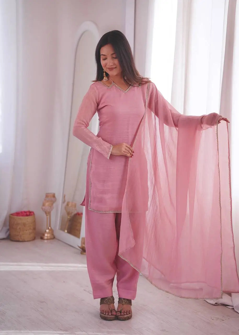 Elegant Crunchy Silk Ready to wear Farshi Suit Set for Festive and Party Wear