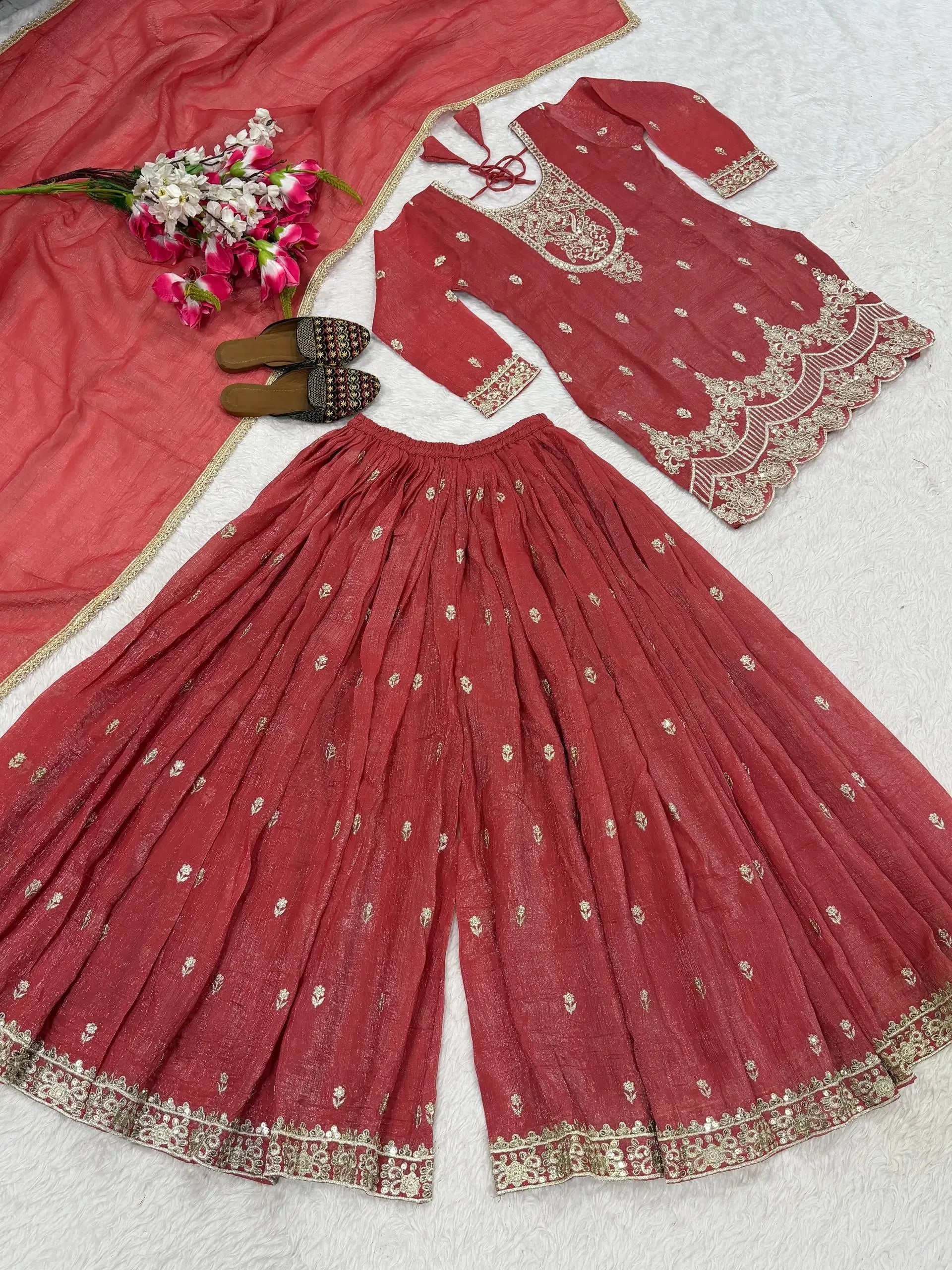Elegant Crunchy Silk Sharara Suit Set for Festive and Traditional Wear
