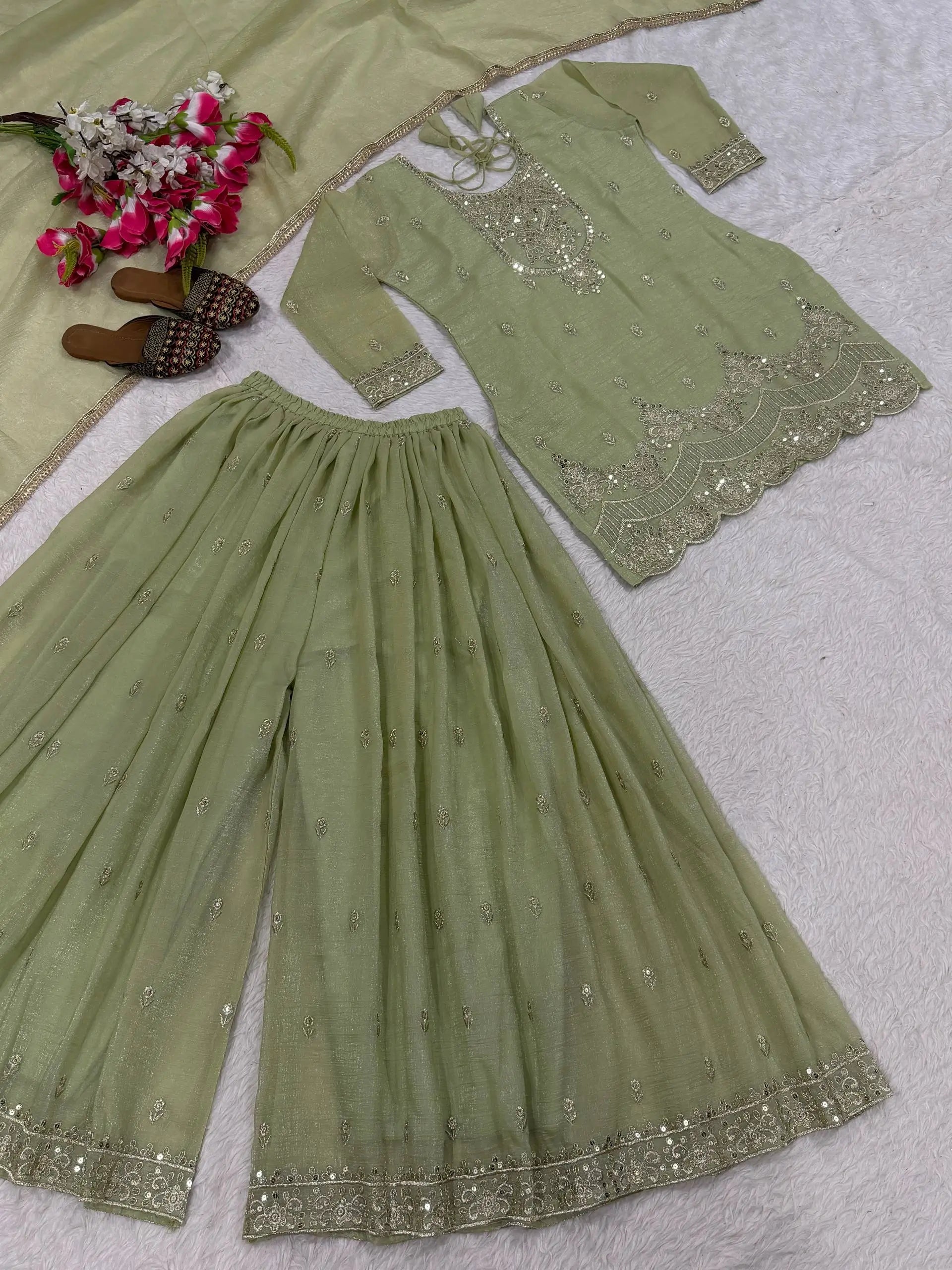 Elegant Crunchy Silk Sharara Suit Set for Festive and Traditional Wear