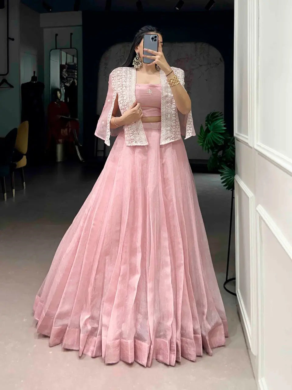 Elegant Crush Fabric Lehenga Choli with Embroidered Koti