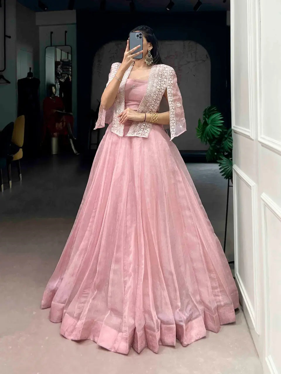 Elegant Crush Fabric Lehenga Choli with Embroidered Koti