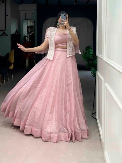 Elegant Crush Fabric Lehenga Choli with Embroidered Koti