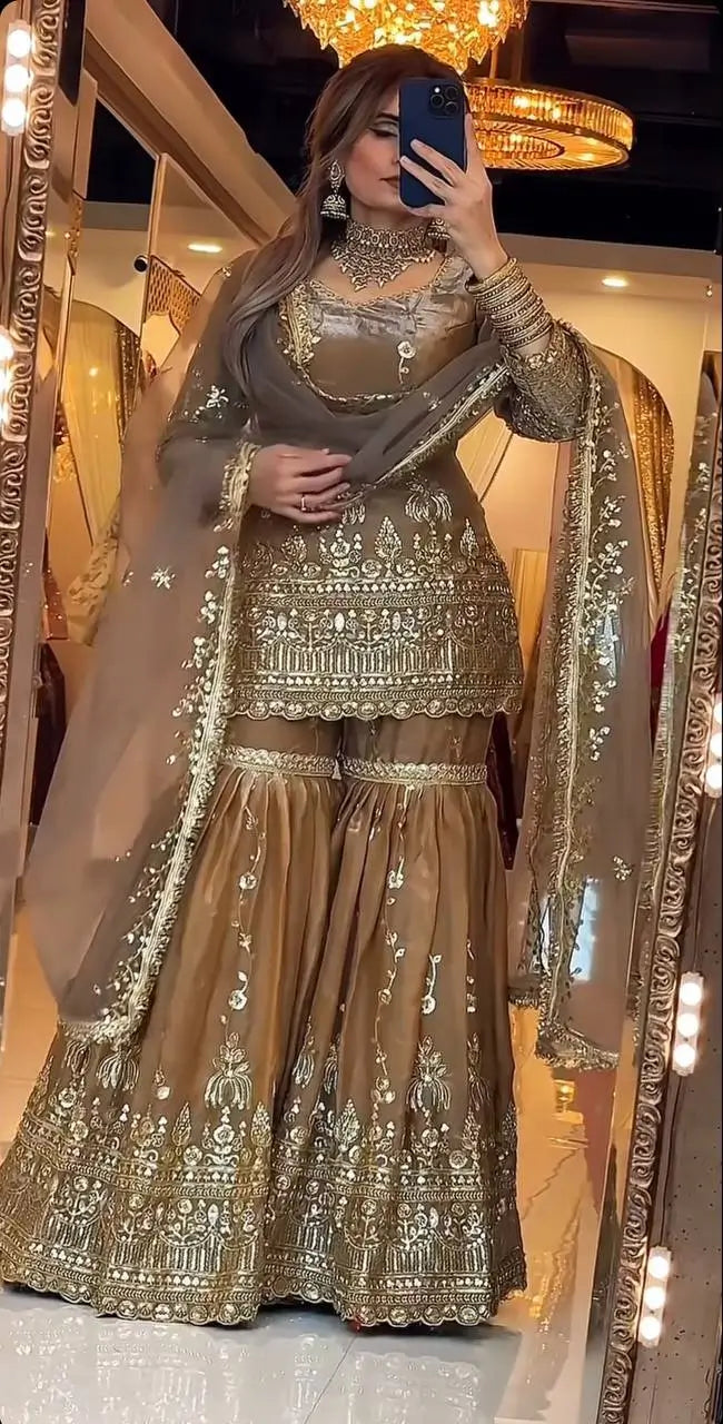 Elegant Crush Silk Sharara Suit with Sequins Embroidery for Festive and Wedding Wear