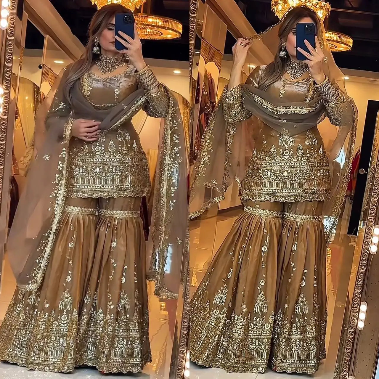 Elegant Crush Silk Sharara Suit with Sequins Embroidery for Festive and Wedding Wear