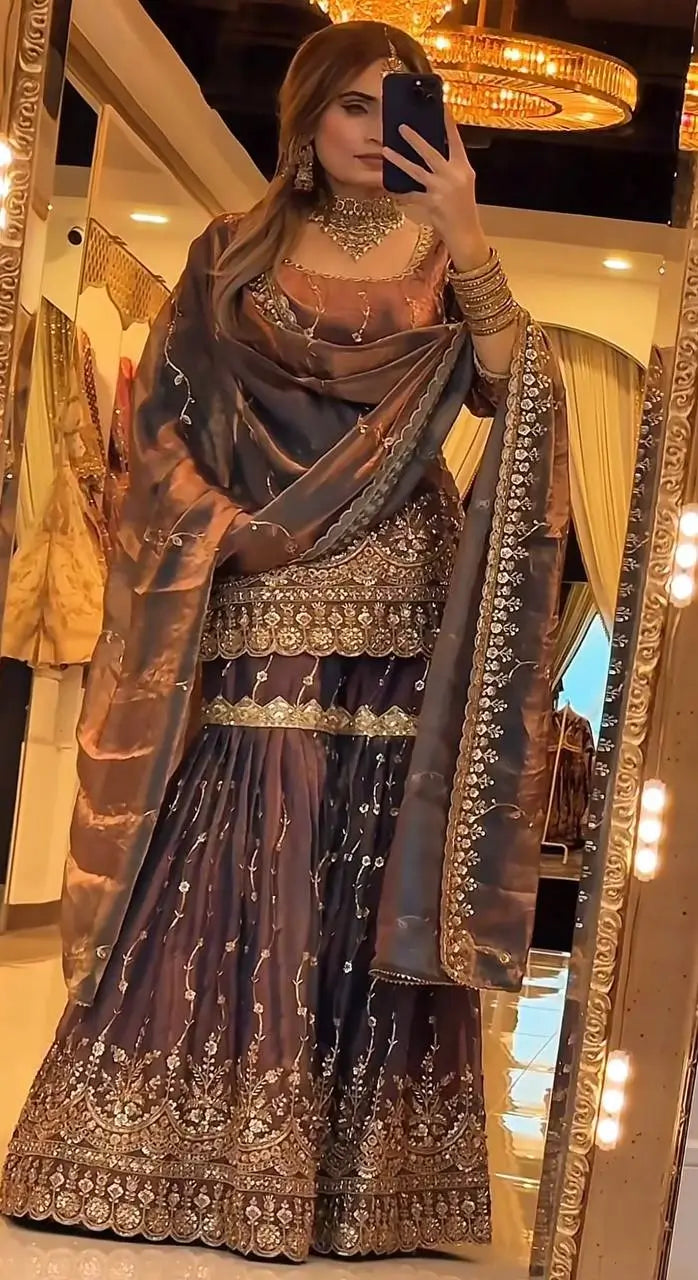 Elegant Crush Silk Sharara Suit with Sequins Embroidery for Festive and Wedding Wear