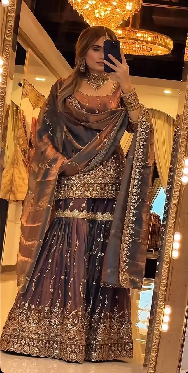 Elegant Crush Silk Sharara Suit with Sequins Embroidery for Festive and Wedding Wear