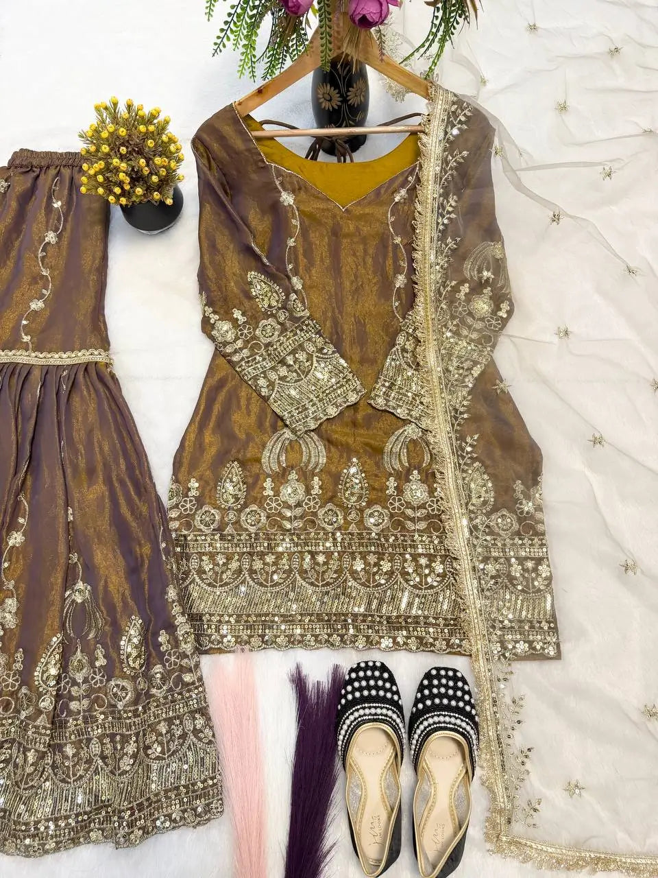 Elegant Crush Silk Sharara Suit with Sequins Embroidery for Festive and Wedding Wear