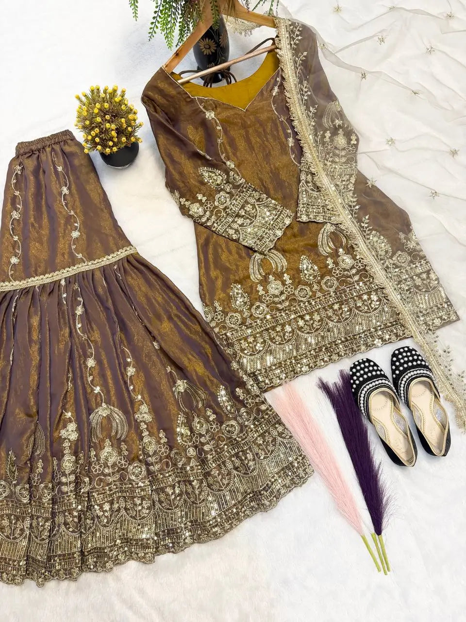 Elegant Crush Silk Sharara Suit with Sequins Embroidery for Festive and Wedding Wear
