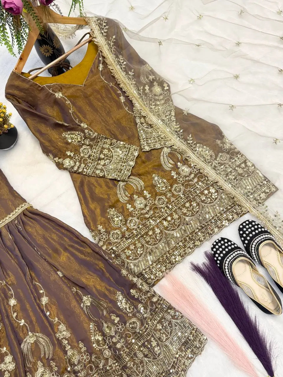 Elegant Crush Silk Sharara Suit with Sequins Embroidery for Festive and Wedding Wear