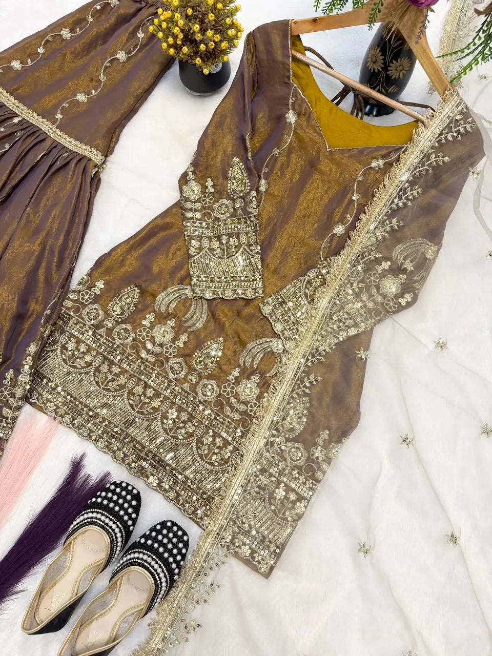 Elegant Crush Silk Sharara Suit with Sequins Embroidery for Festive and Wedding Wear