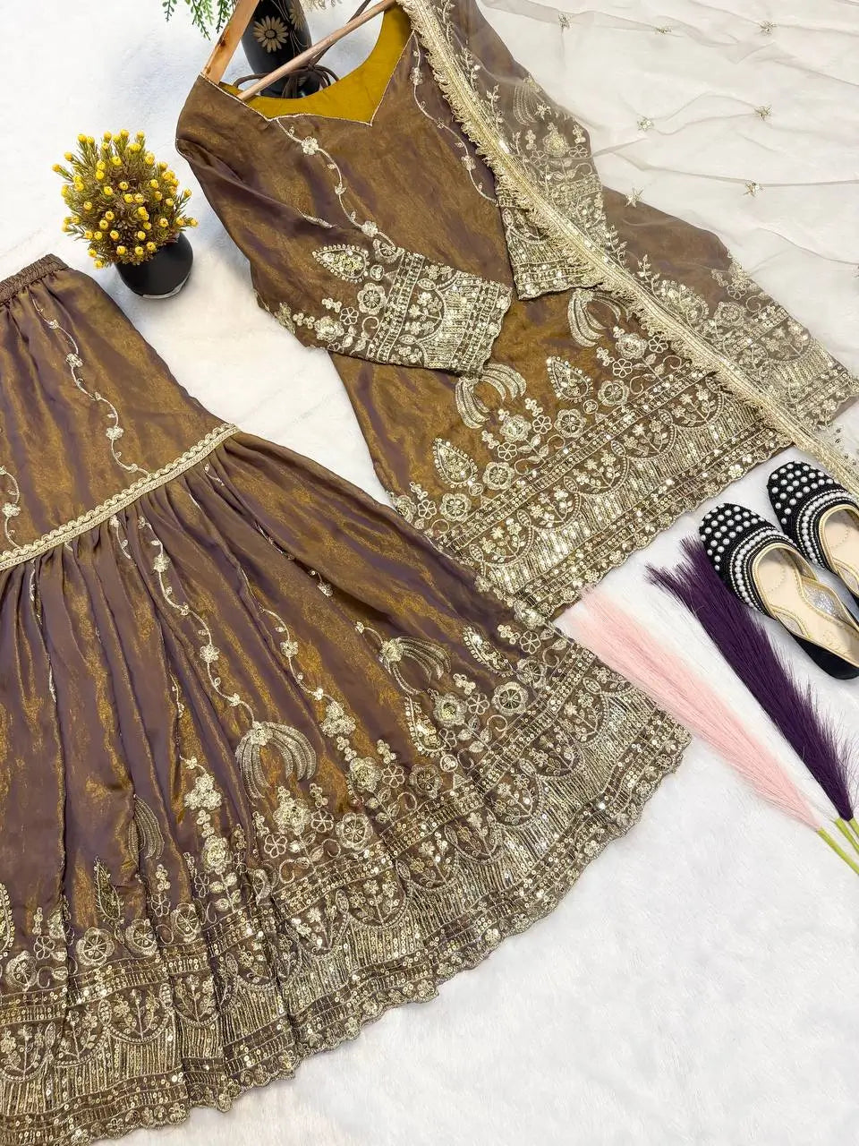 Elegant Crush Silk Sharara Suit with Sequins Embroidery for Festive and Wedding Wear
