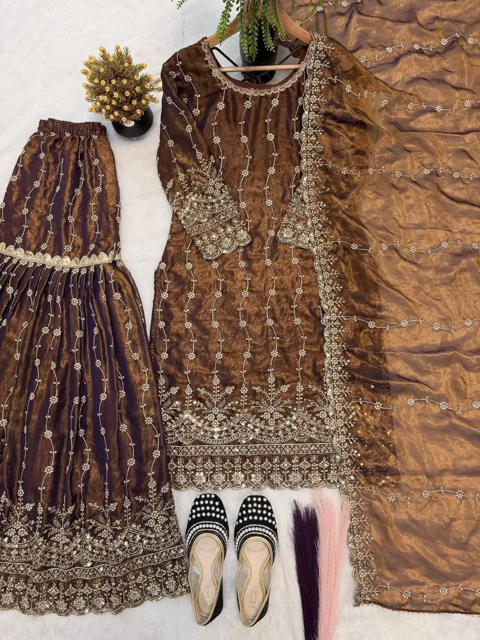 Elegant Crush Silk Sharara Suit with Sequins Embroidery for Festive and Wedding Wear