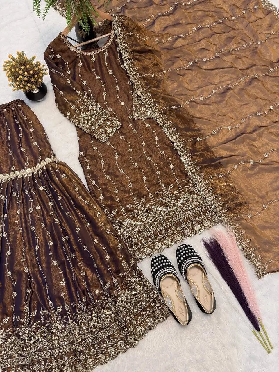 Elegant Crush Silk Sharara Suit with Sequins Embroidery for Festive and Wedding Wear
