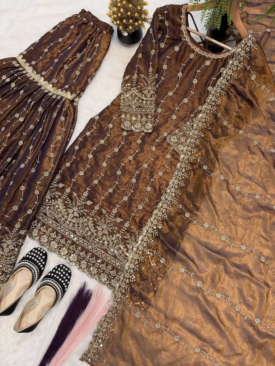 Elegant Crush Silk Sharara Suit with Sequins Embroidery for Festive and Wedding Wear