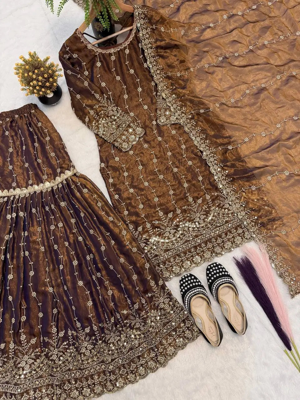 Elegant Crush Silk Sharara Suit with Sequins Embroidery for Festive and Wedding Wear