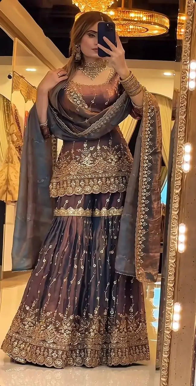 Elegant Crush Silk Sharara Suit with Sequins Embroidery for Festive and Wedding Wear