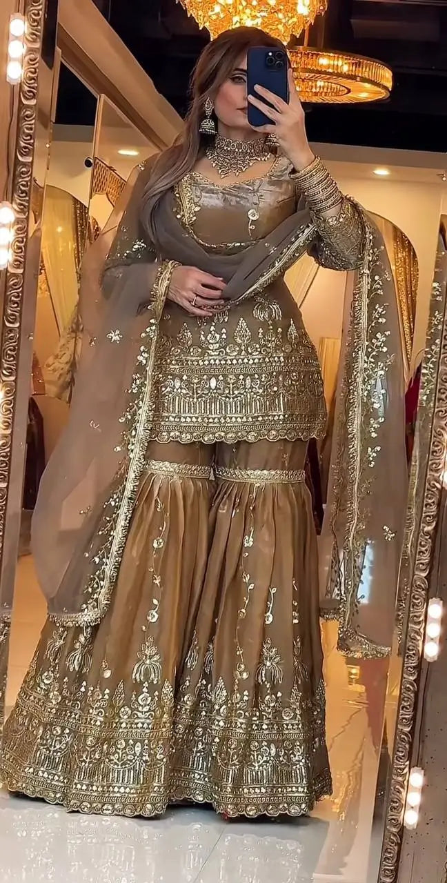 Elegant Crush Silk Sharara Suit with Sequins Embroidery for Festive and Wedding Wear