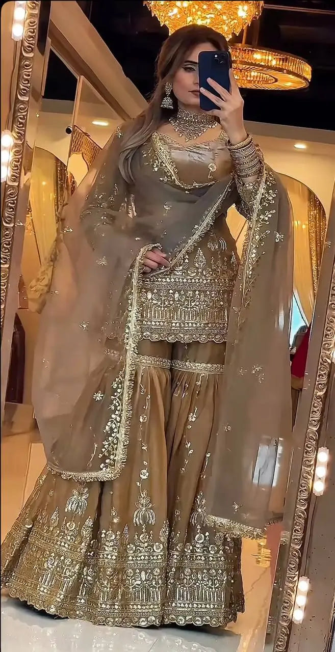 Elegant Crush Silk Sharara Suit with Sequins Embroidery for Festive and Wedding Wear