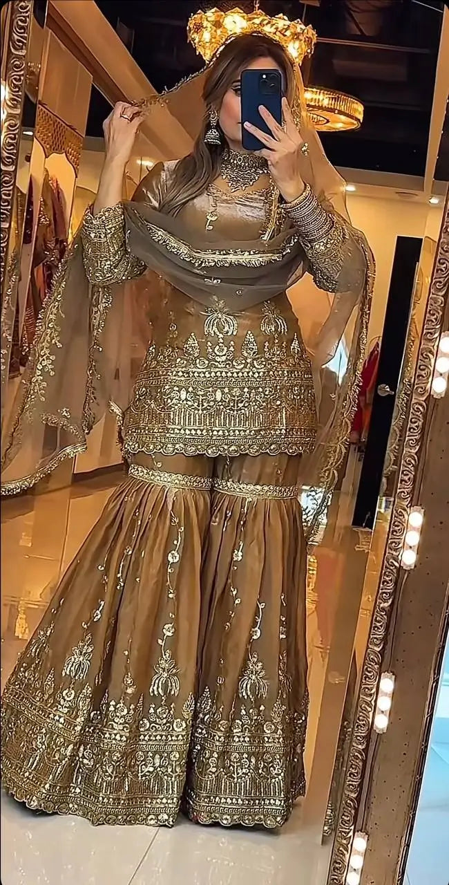 Elegant Crush Silk Sharara Suit with Sequins Embroidery for Festive and Wedding Wear