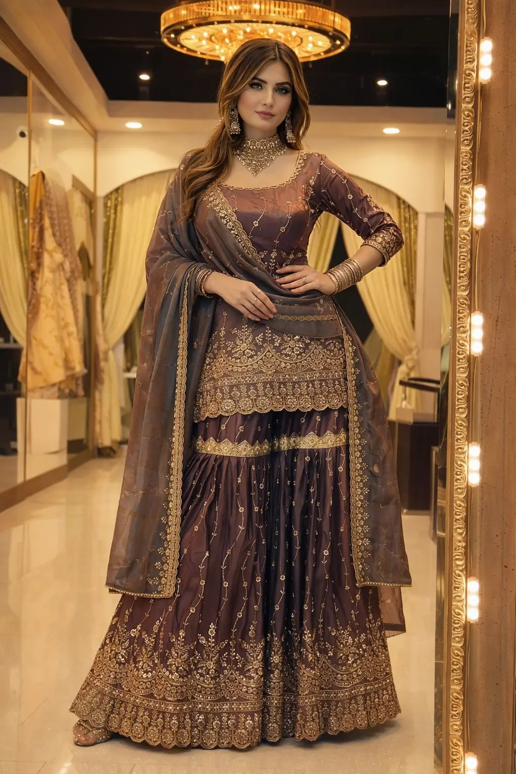 Elegant Crush Silk Sharara Suit with Sequins Embroidery for Festive and Wedding Wear