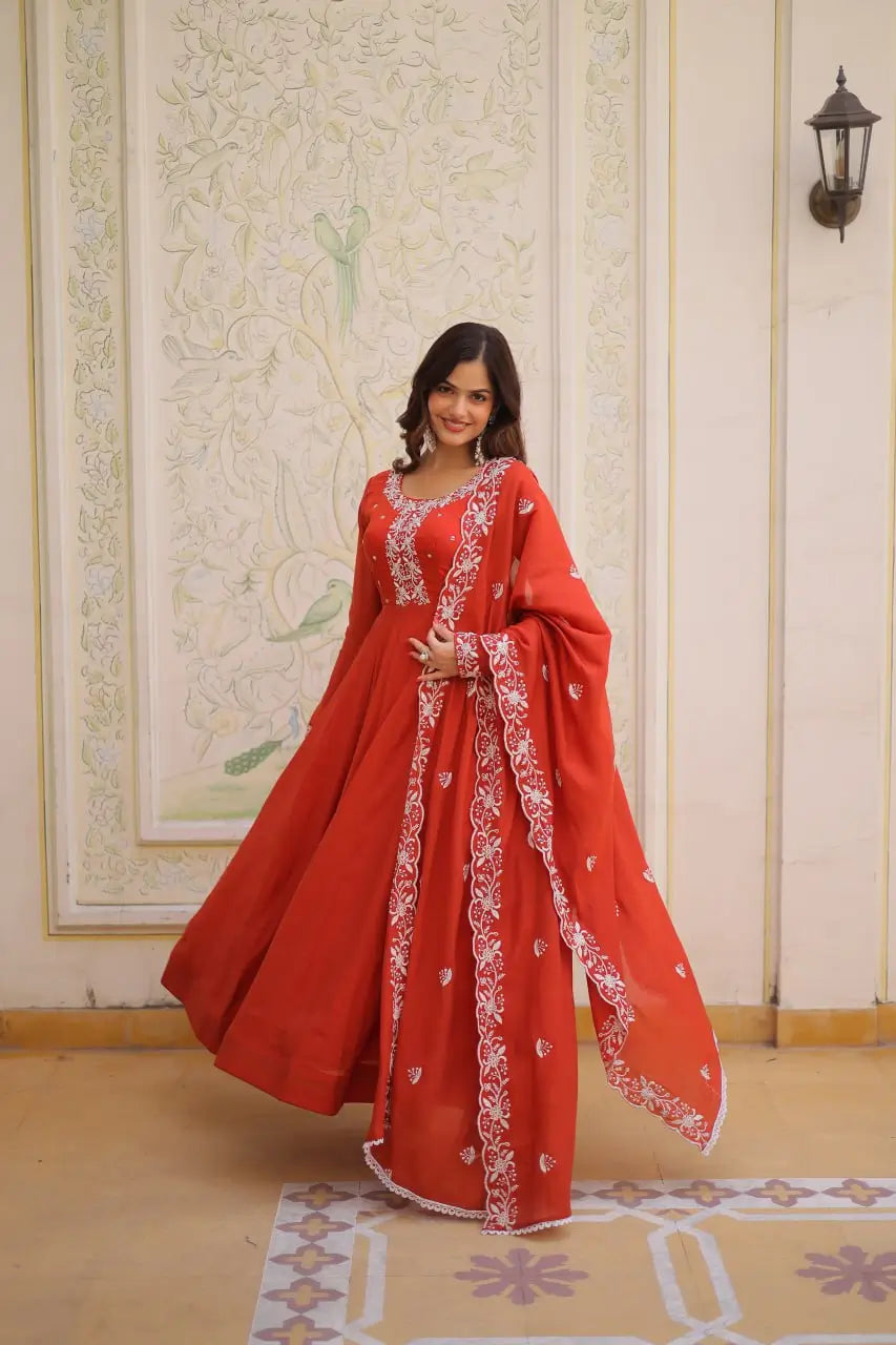 Elegant Embroidered Chanderi Anarkali Gown with Dupatta for Festive Wear