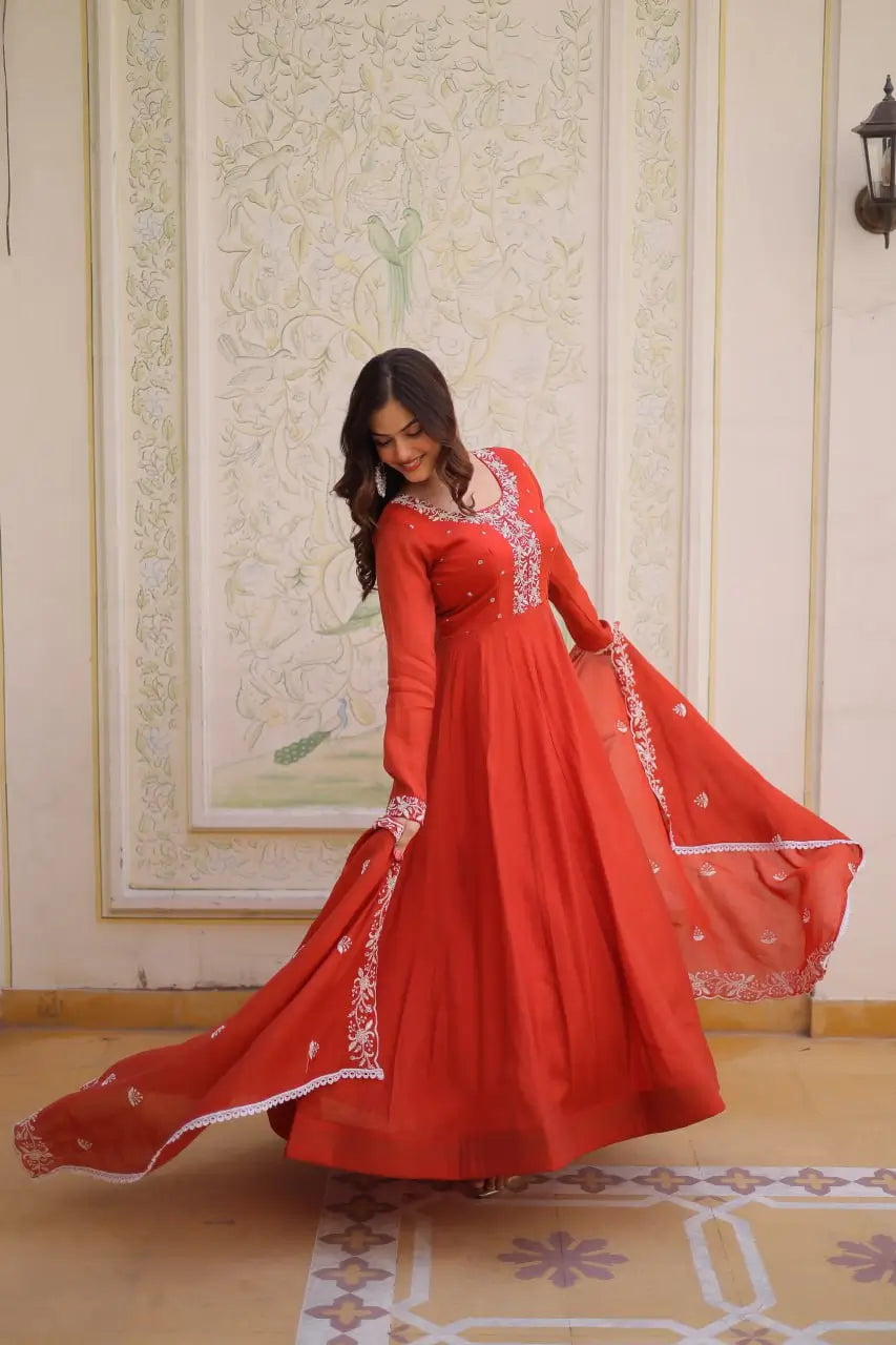 Elegant Embroidered Chanderi Anarkali Gown with Dupatta for Festive Wear