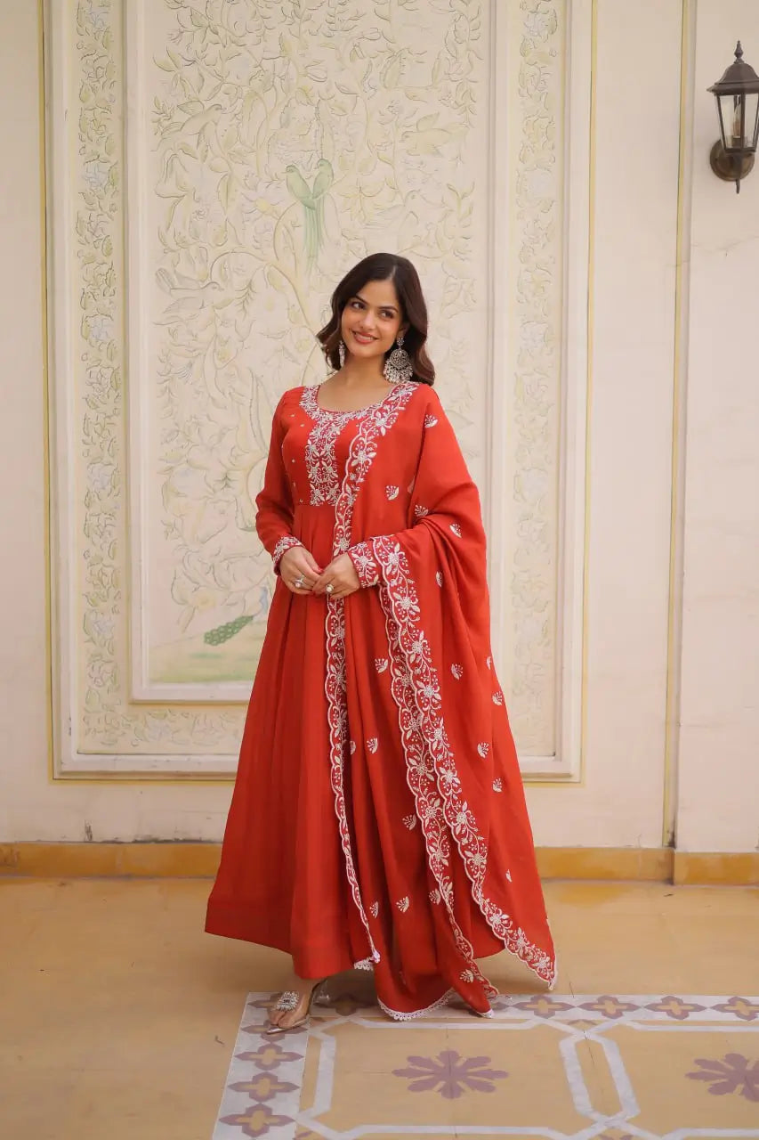Elegant Embroidered Chanderi Anarkali Gown with Dupatta for Festive Wear