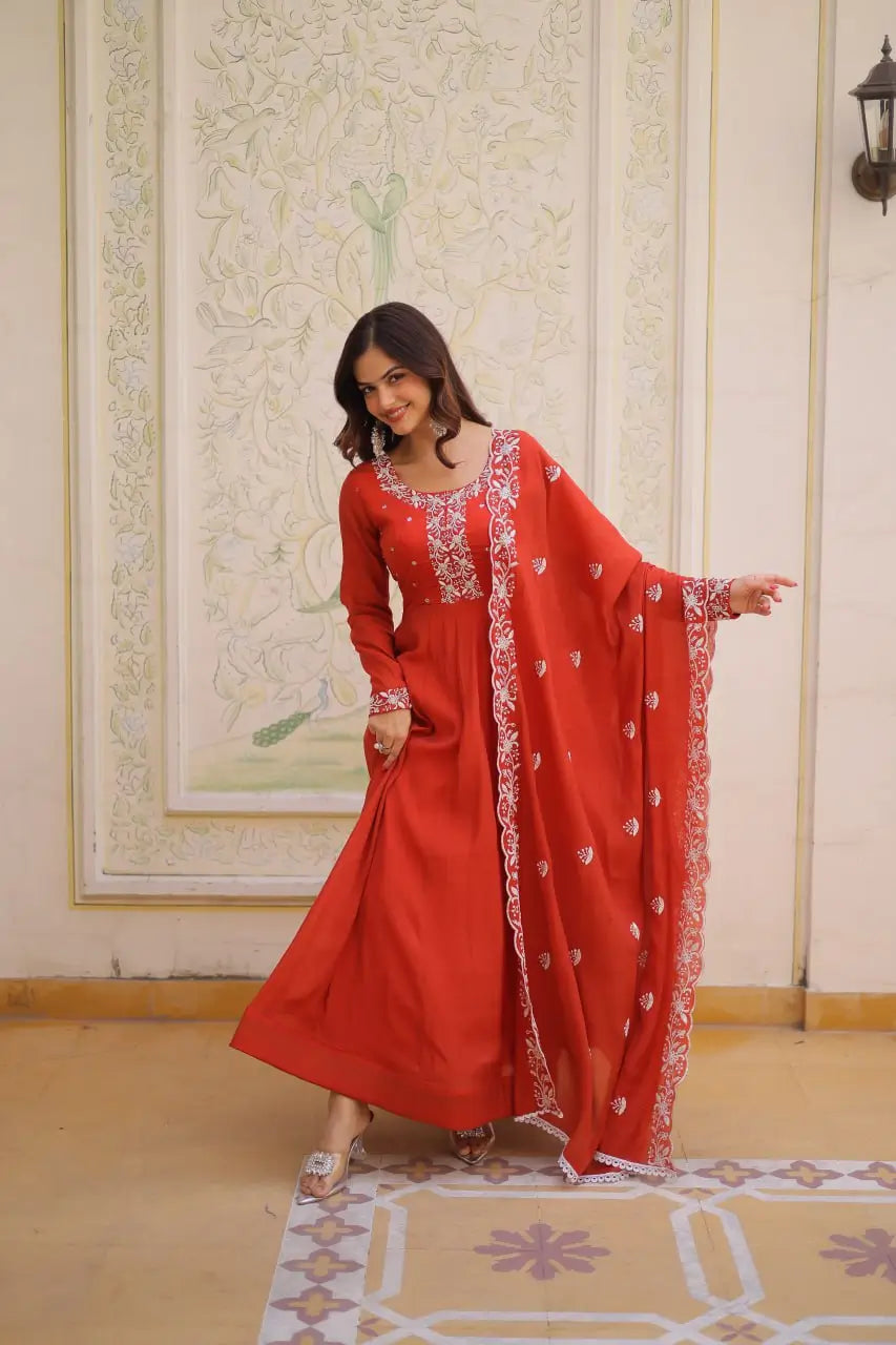 Elegant Embroidered Chanderi Anarkali Gown with Dupatta for Festive Wear