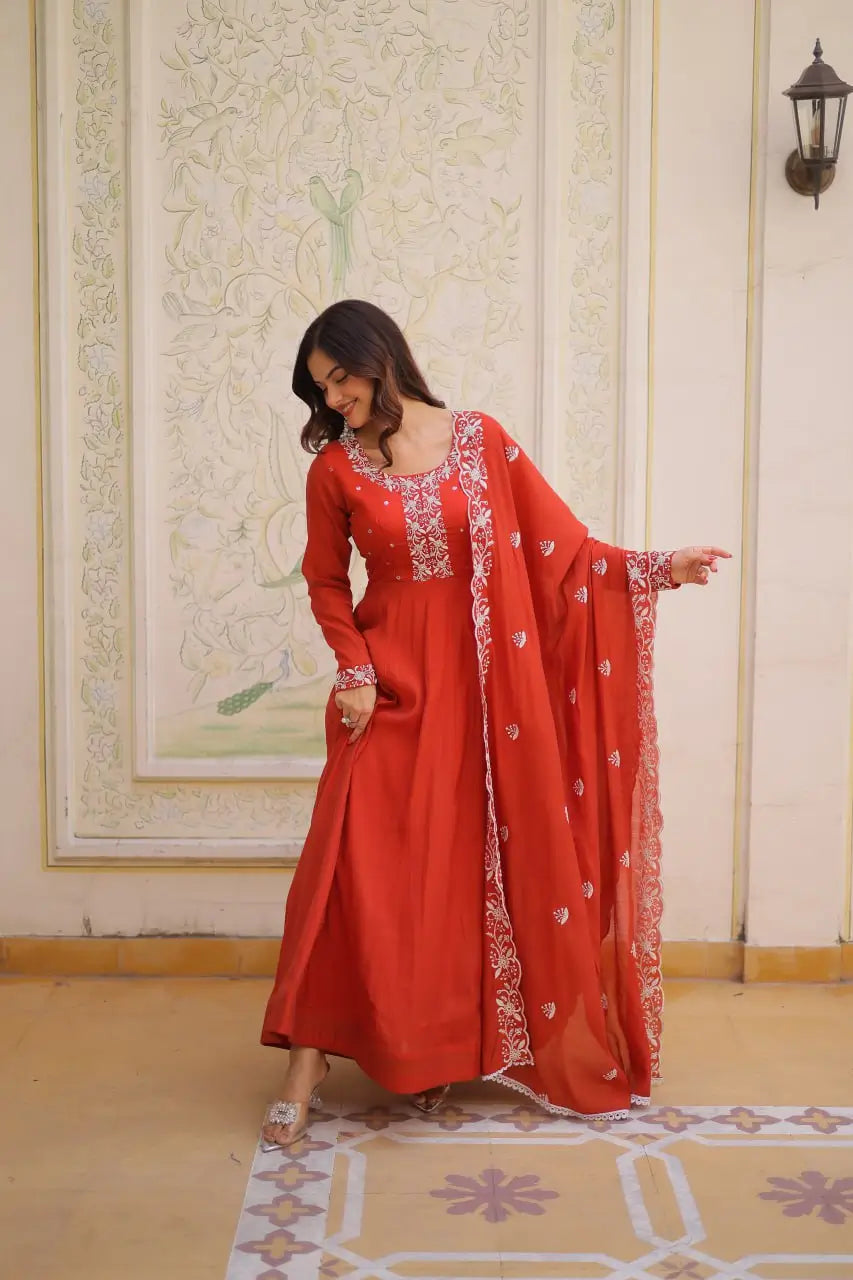 Elegant Embroidered Chanderi Anarkali Gown with Dupatta for Festive Wear