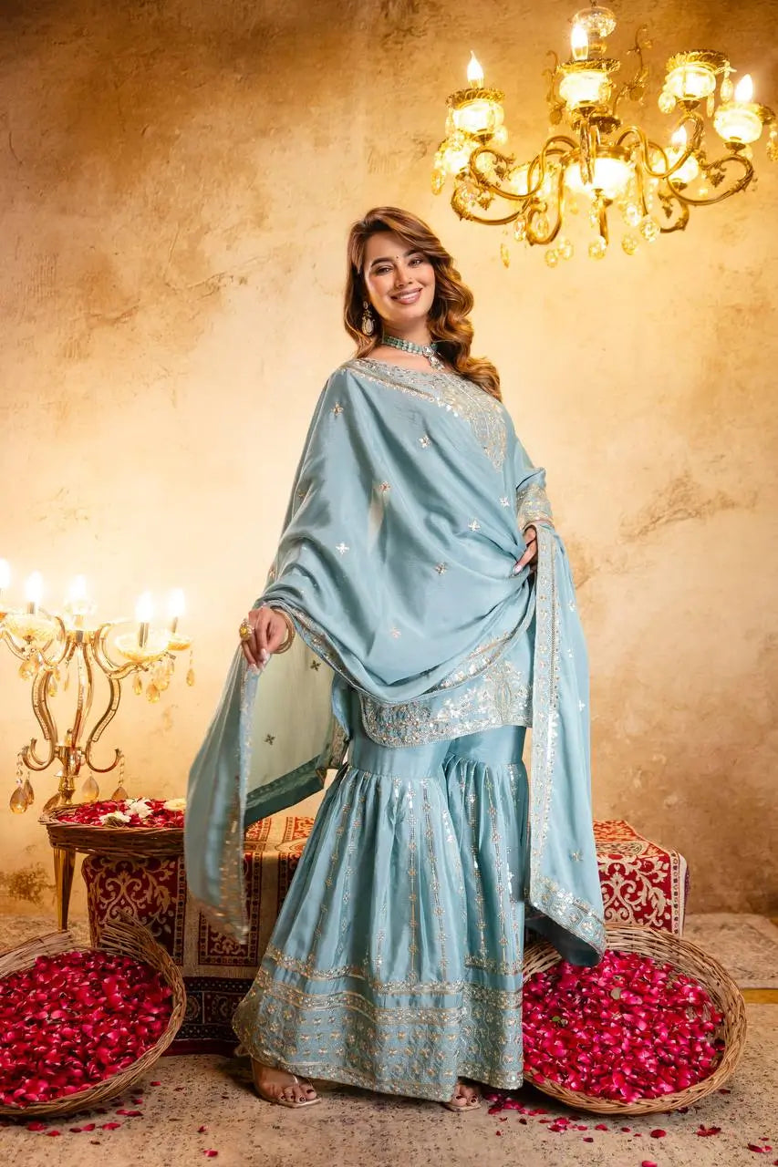 Elegant Embroidered Chinon Sharara Set for Festive Functions