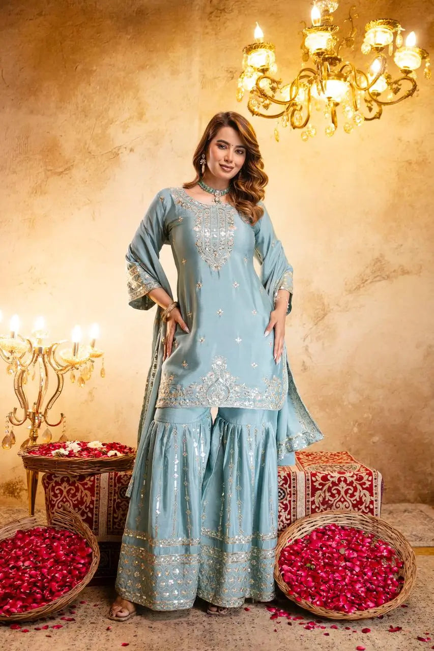 Elegant Embroidered Chinon Sharara Set for Festive Functions