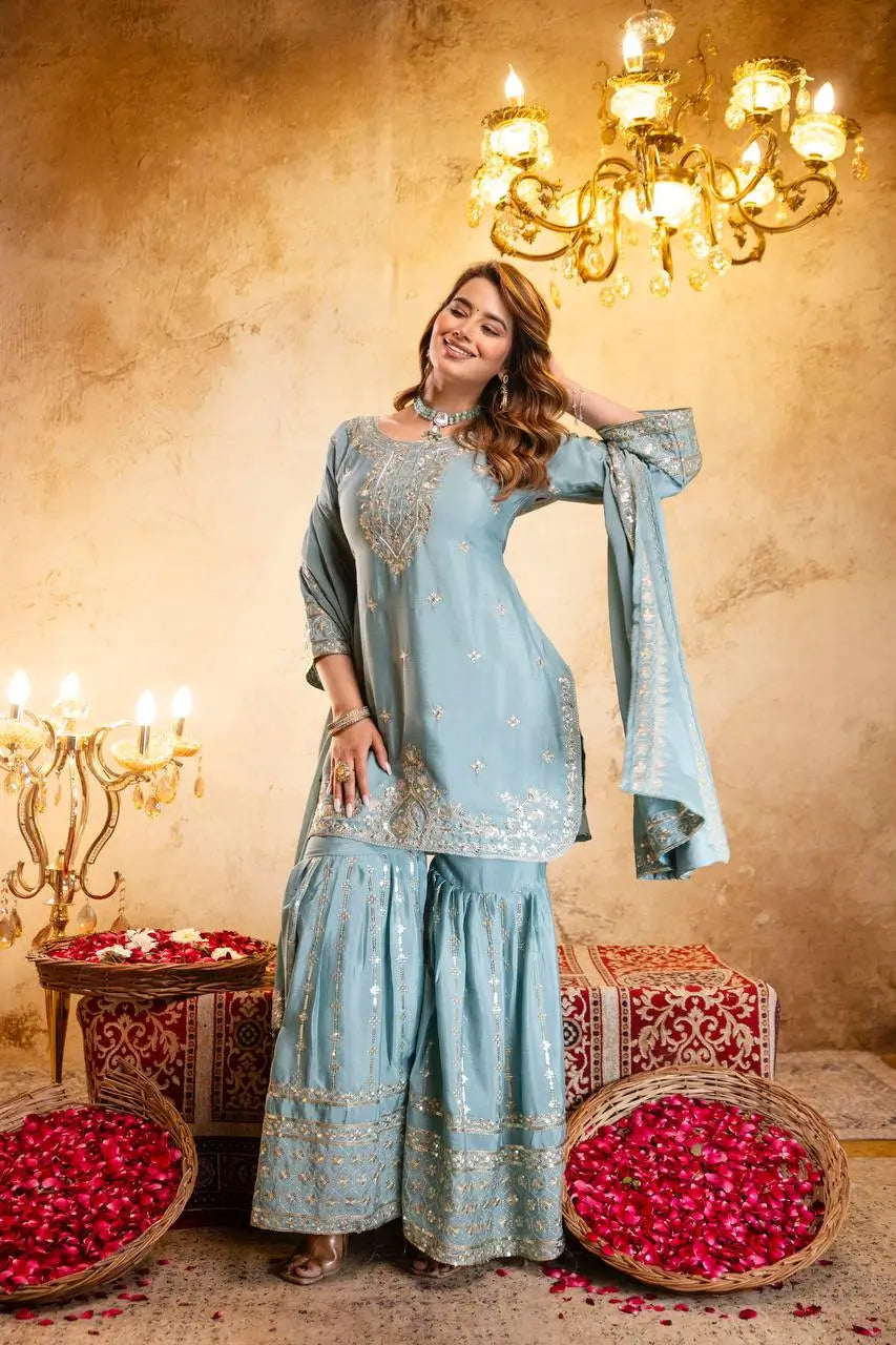 Elegant Embroidered Chinon Sharara Set for Festive Functions