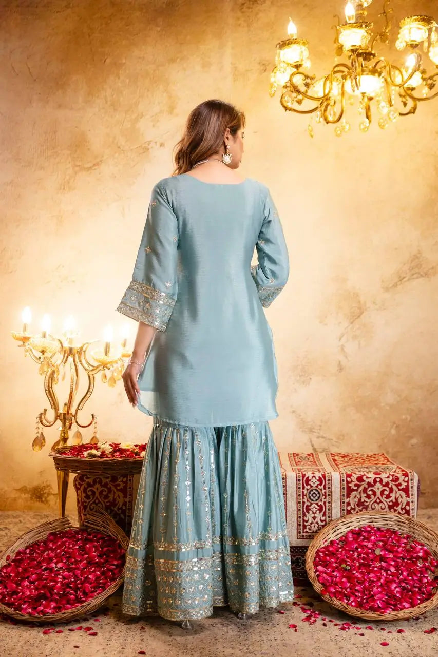 Elegant Embroidered Chinon Sharara Set for Festive Functions
