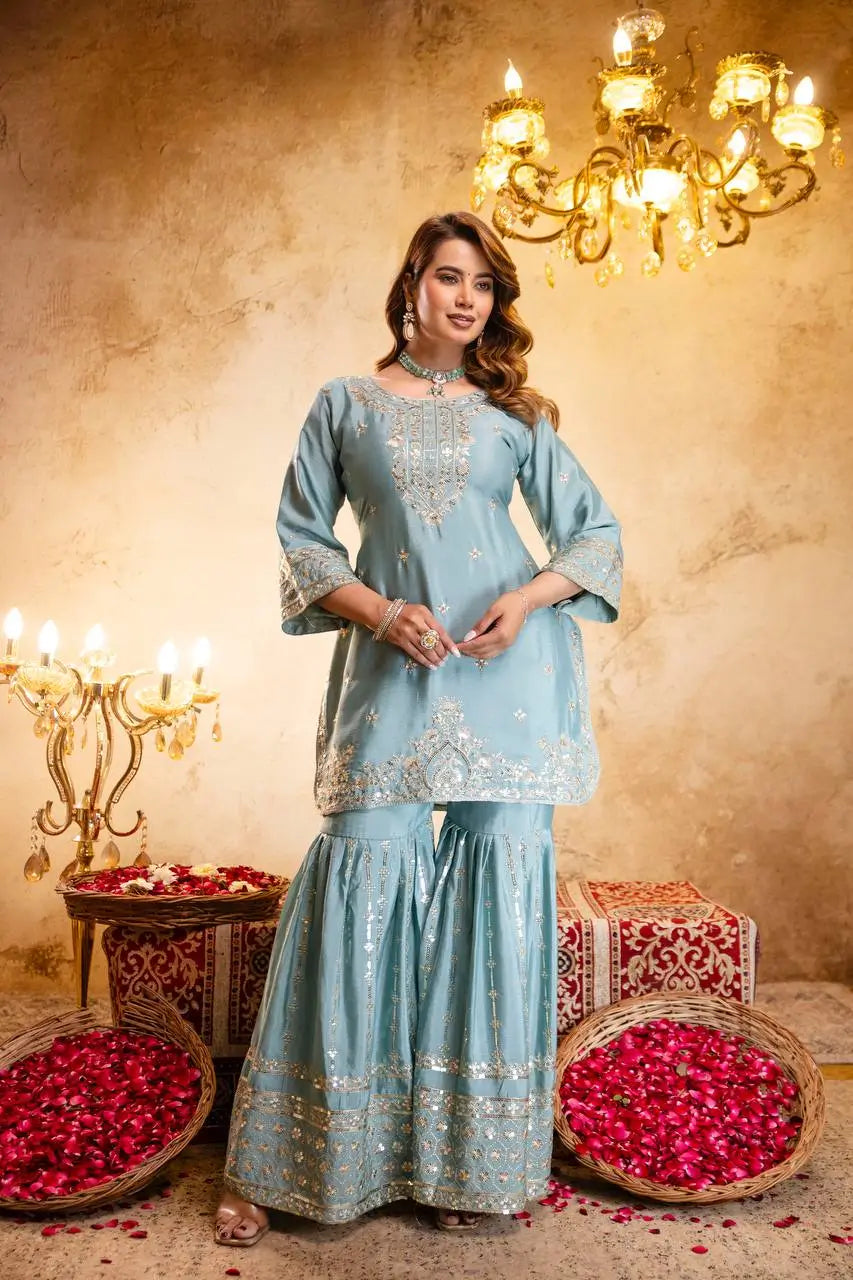 Elegant Embroidered Chinon Sharara Set for Festive Functions