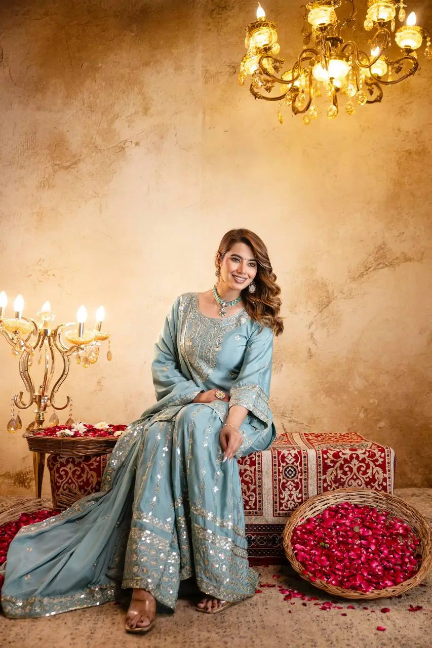 Elegant Embroidered Chinon Sharara Set for Festive Functions
