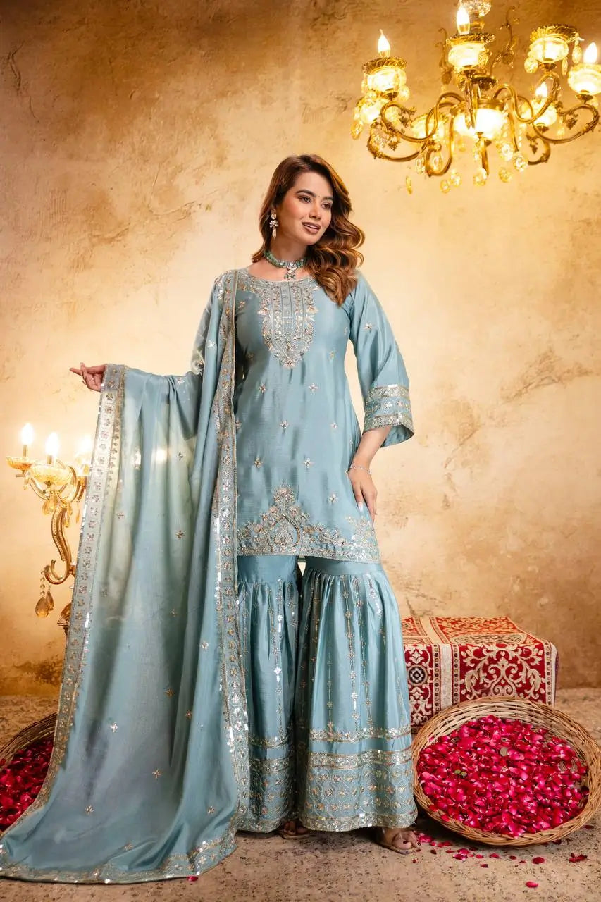 Elegant Embroidered Chinon Sharara Set for Festive Functions