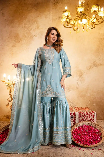 Elegant Embroidered Chinon Sharara Set for Festive Functions