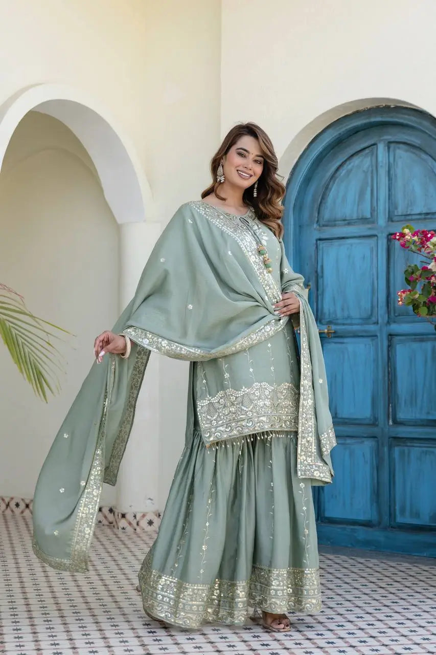 Elegant Embroidered Chinon Sharara Set for Festive Functions