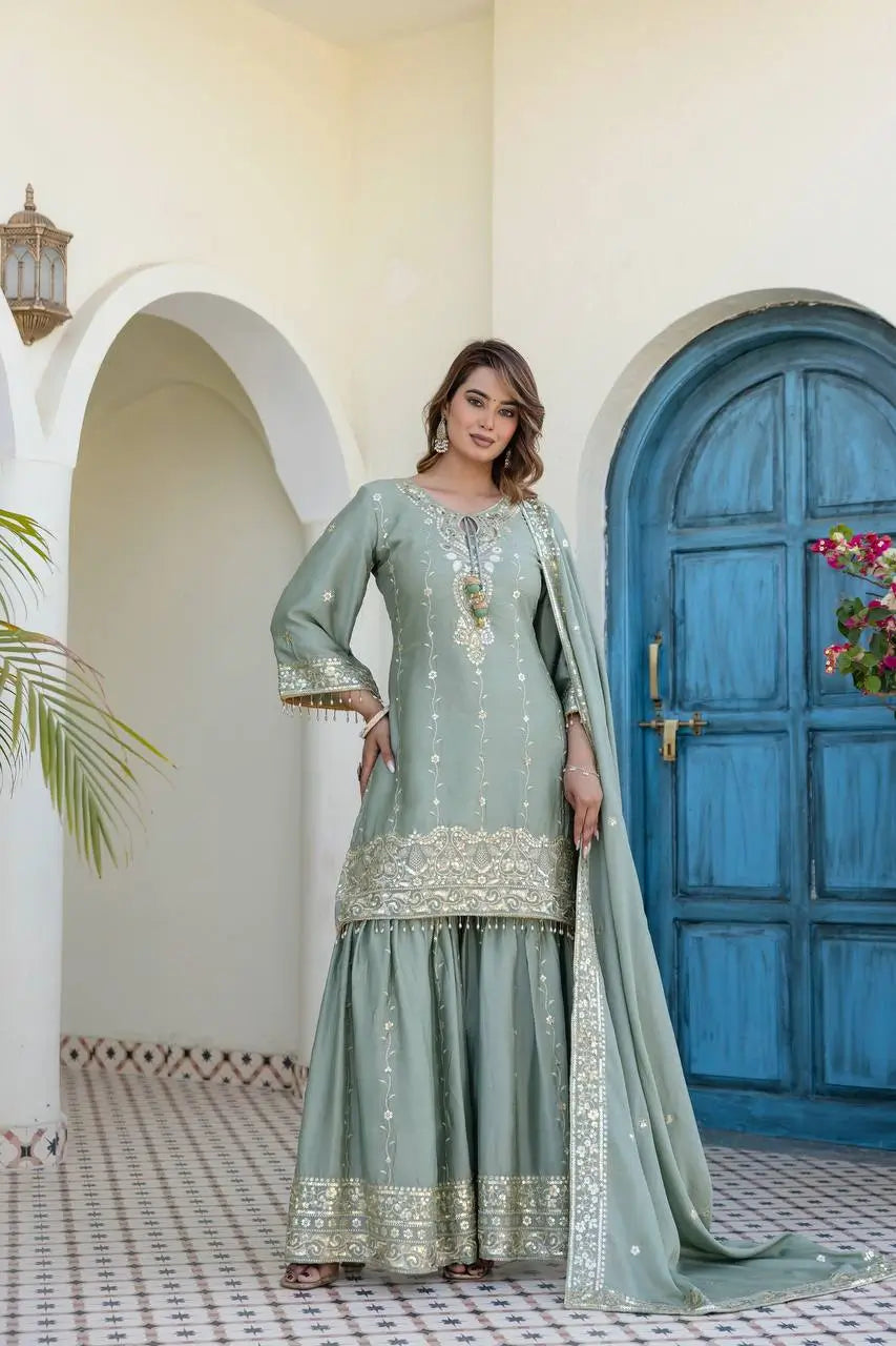 Elegant Embroidered Chinon Sharara Set for Festive Functions