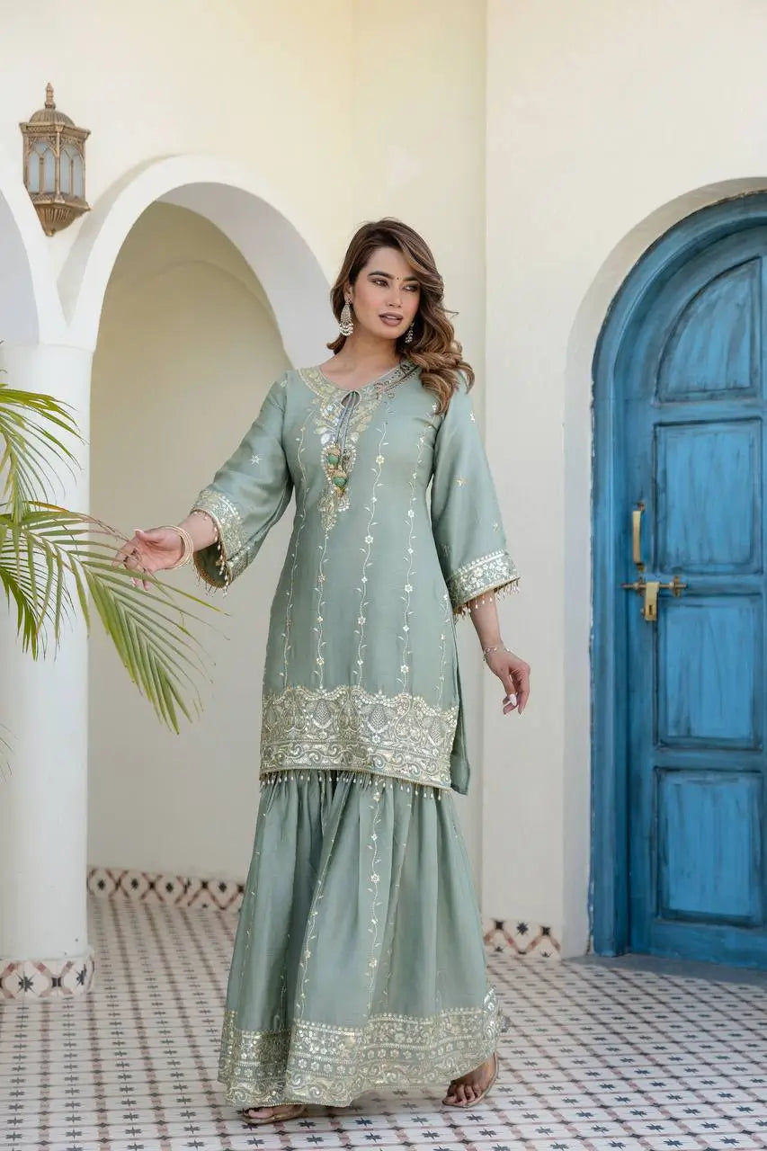 Elegant Embroidered Chinon Sharara Set for Festive Functions