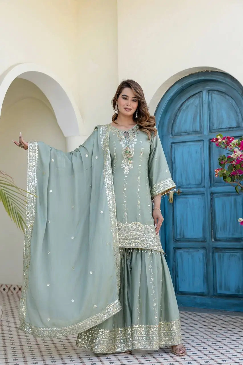 Elegant Embroidered Chinon Sharara Set for Festive Functions