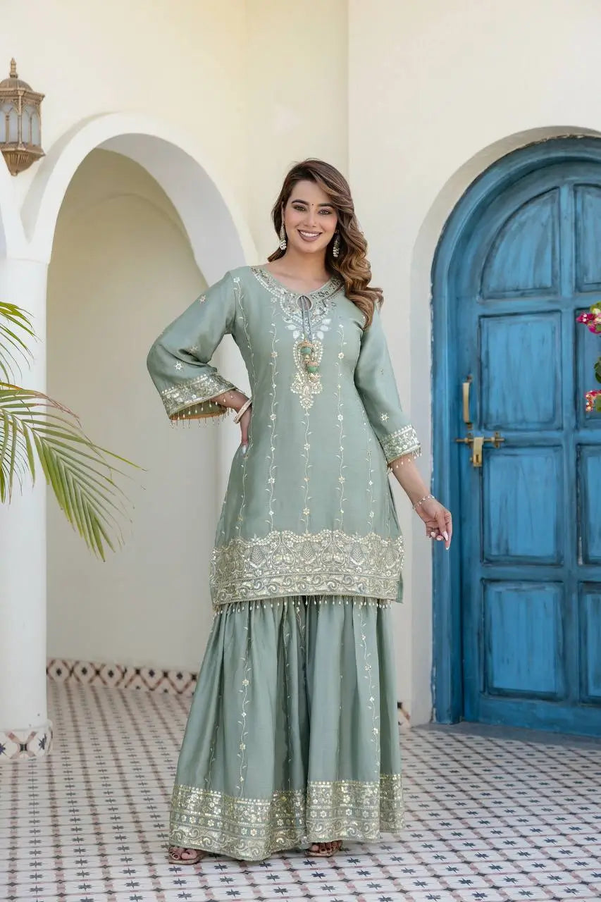 Elegant Embroidered Chinon Sharara Set for Festive Functions