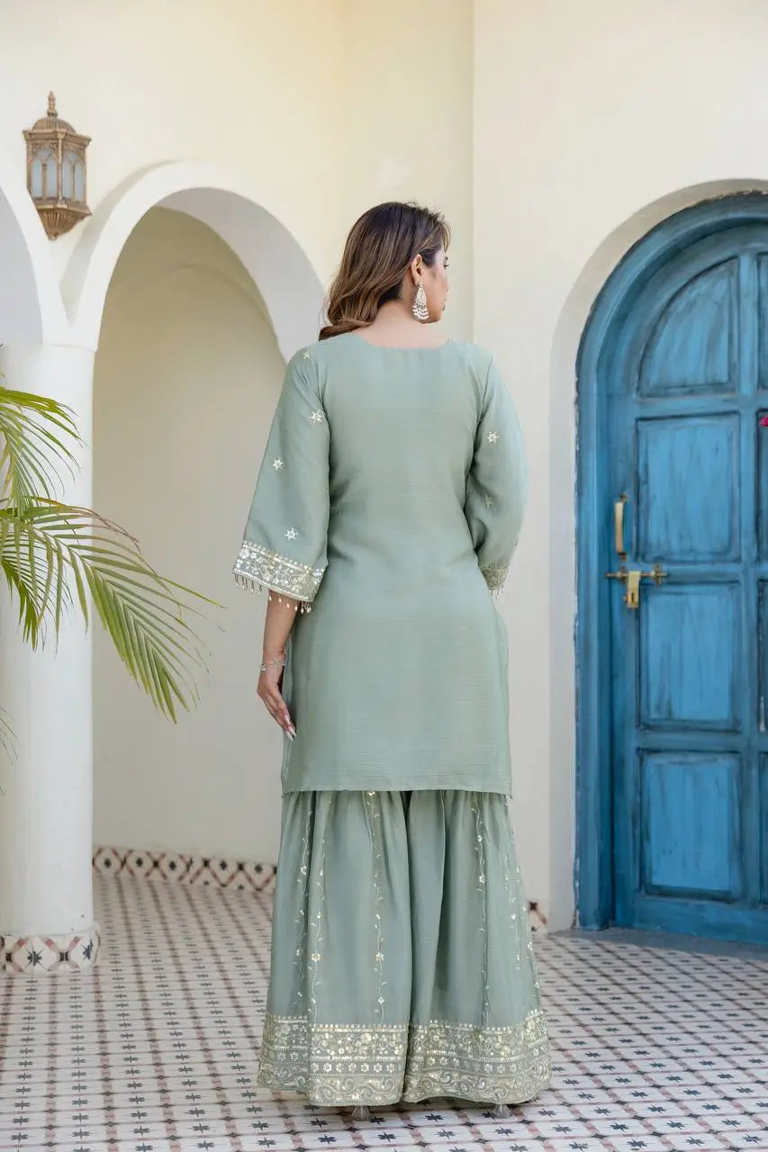 Elegant Embroidered Chinon Sharara Set for Festive Functions
