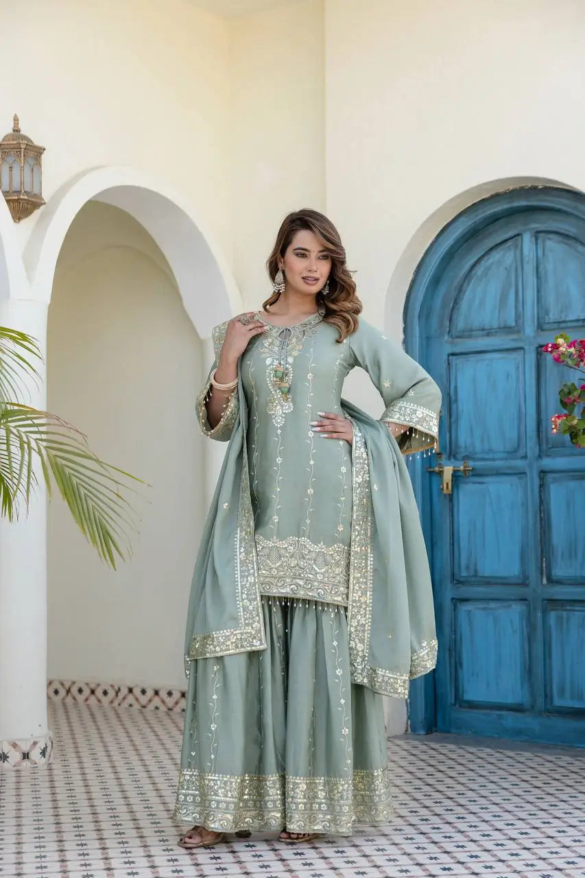 Elegant Embroidered Chinon Sharara Set for Festive Functions