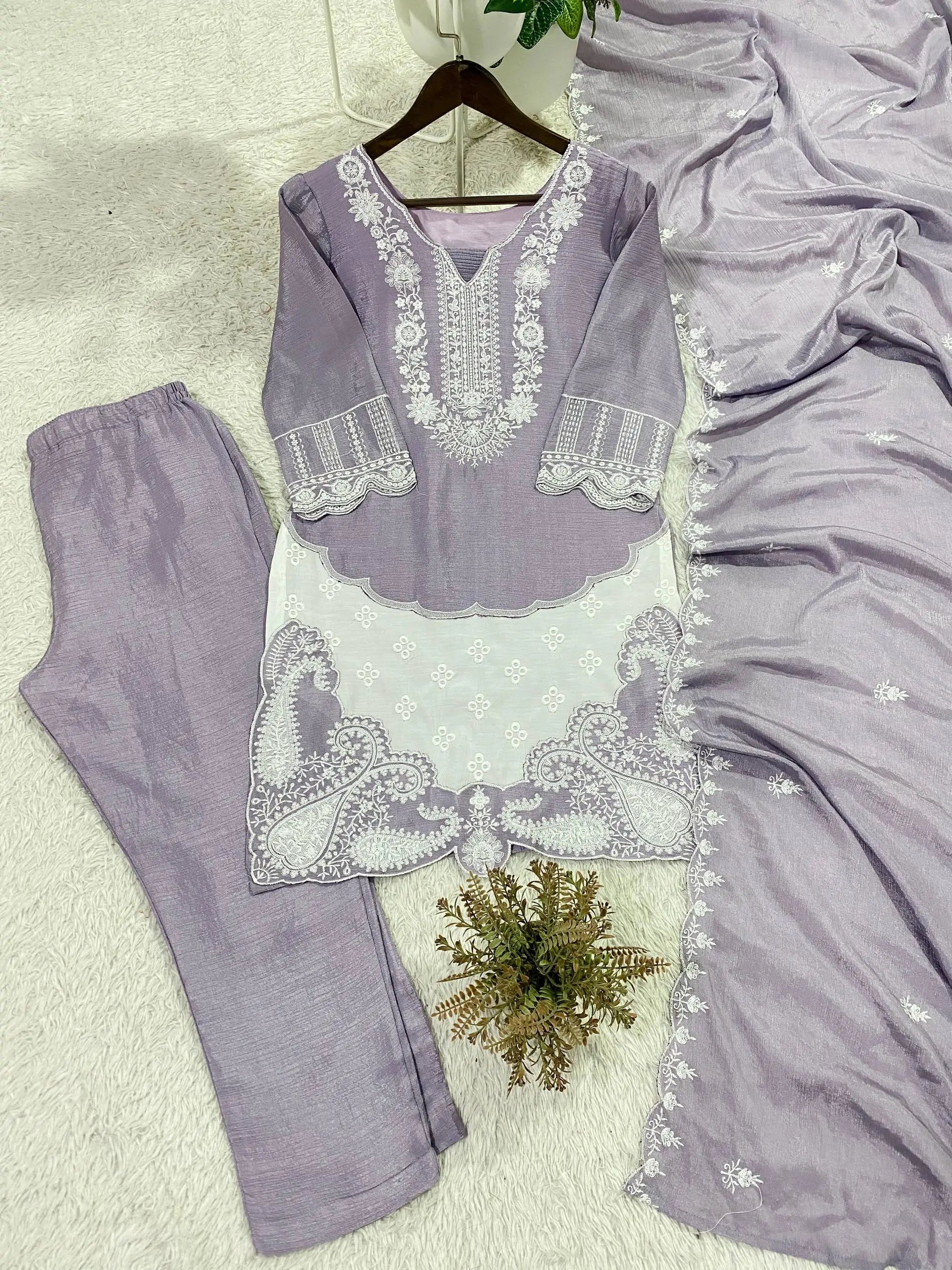 Elegant Embroidered Chinon Silk Palazzo Suit Set for Festive and Family Functions