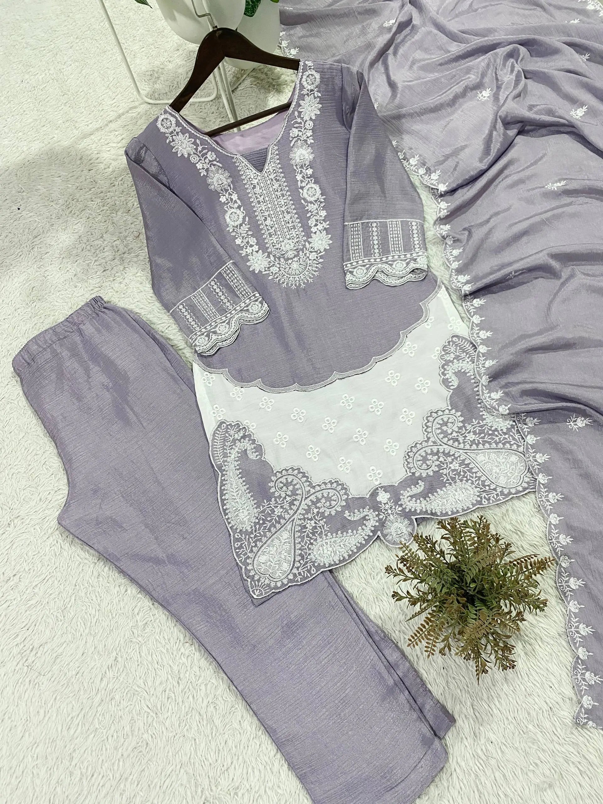 Elegant Embroidered Chinon Silk Palazzo Suit Set for Festive and Family Functions