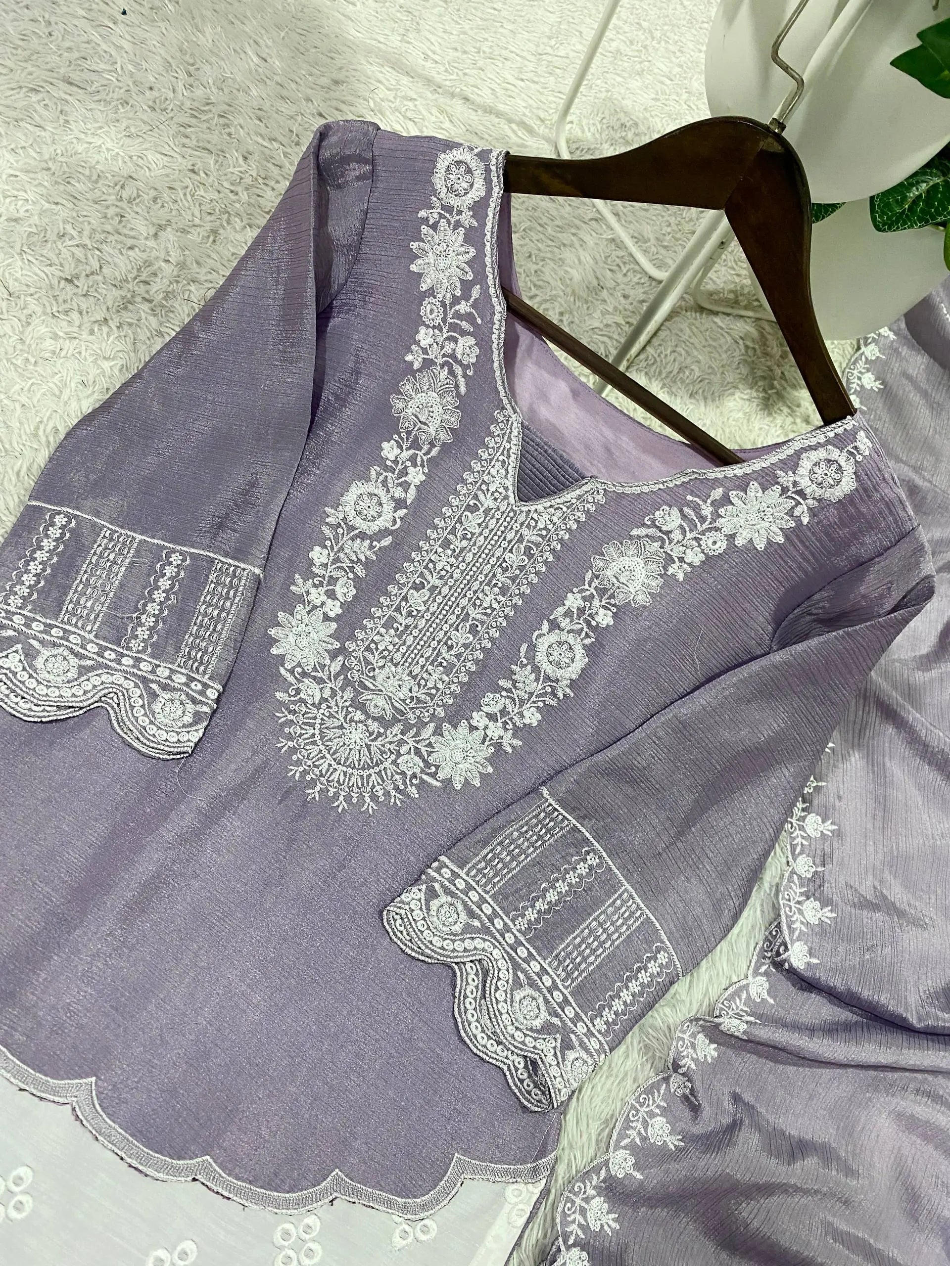 Elegant Embroidered Chinon Silk Palazzo Suit Set for Festive and Family Functions