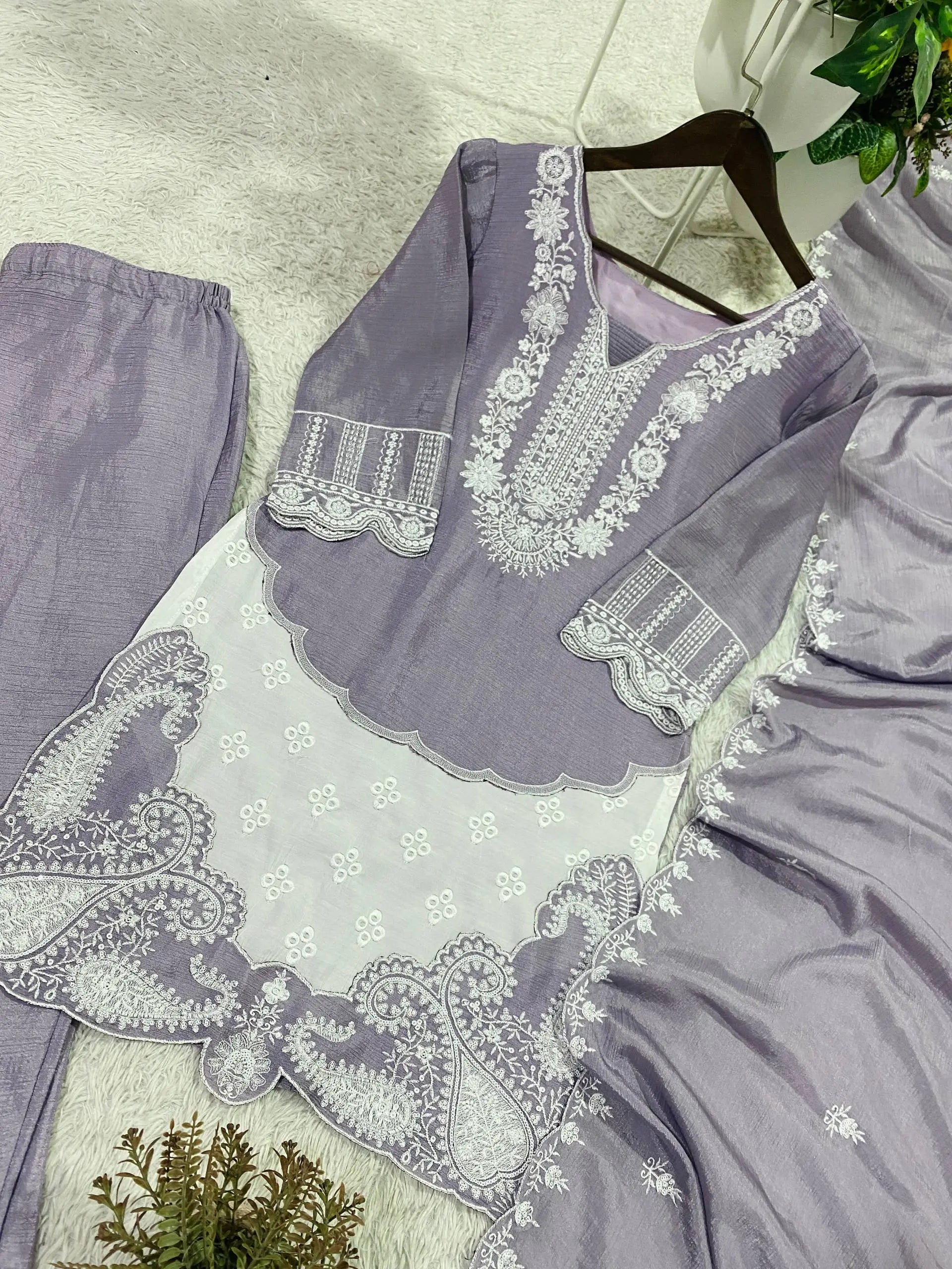 Elegant Embroidered Chinon Silk Palazzo Suit Set for Festive and Family Functions