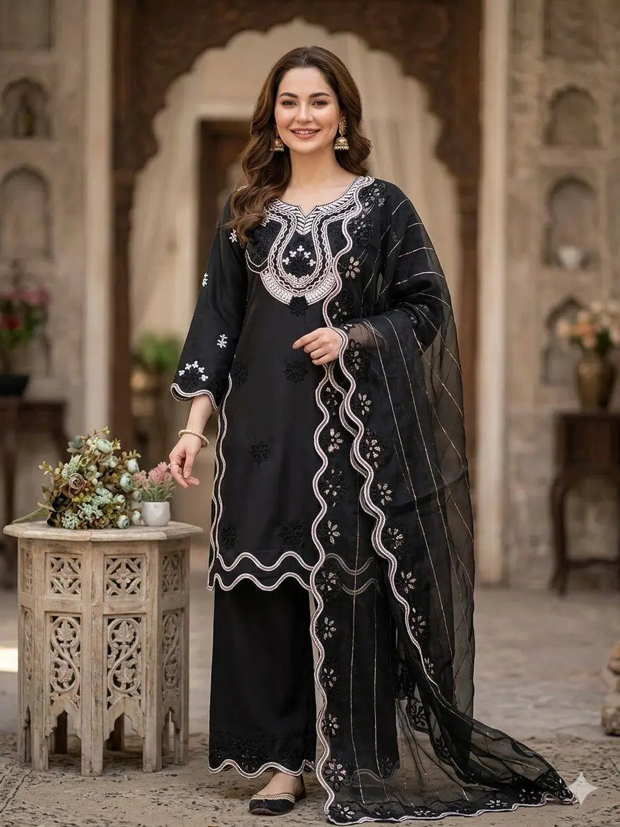 Elegant Embroidered Crepe Silk Suit Set for Festive and Occasion Wear