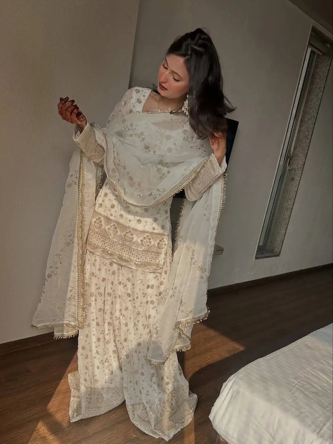 Elegant Embroidered Crunchy Silk Kurta Palazzo Set with Dupatta for Festive Wear